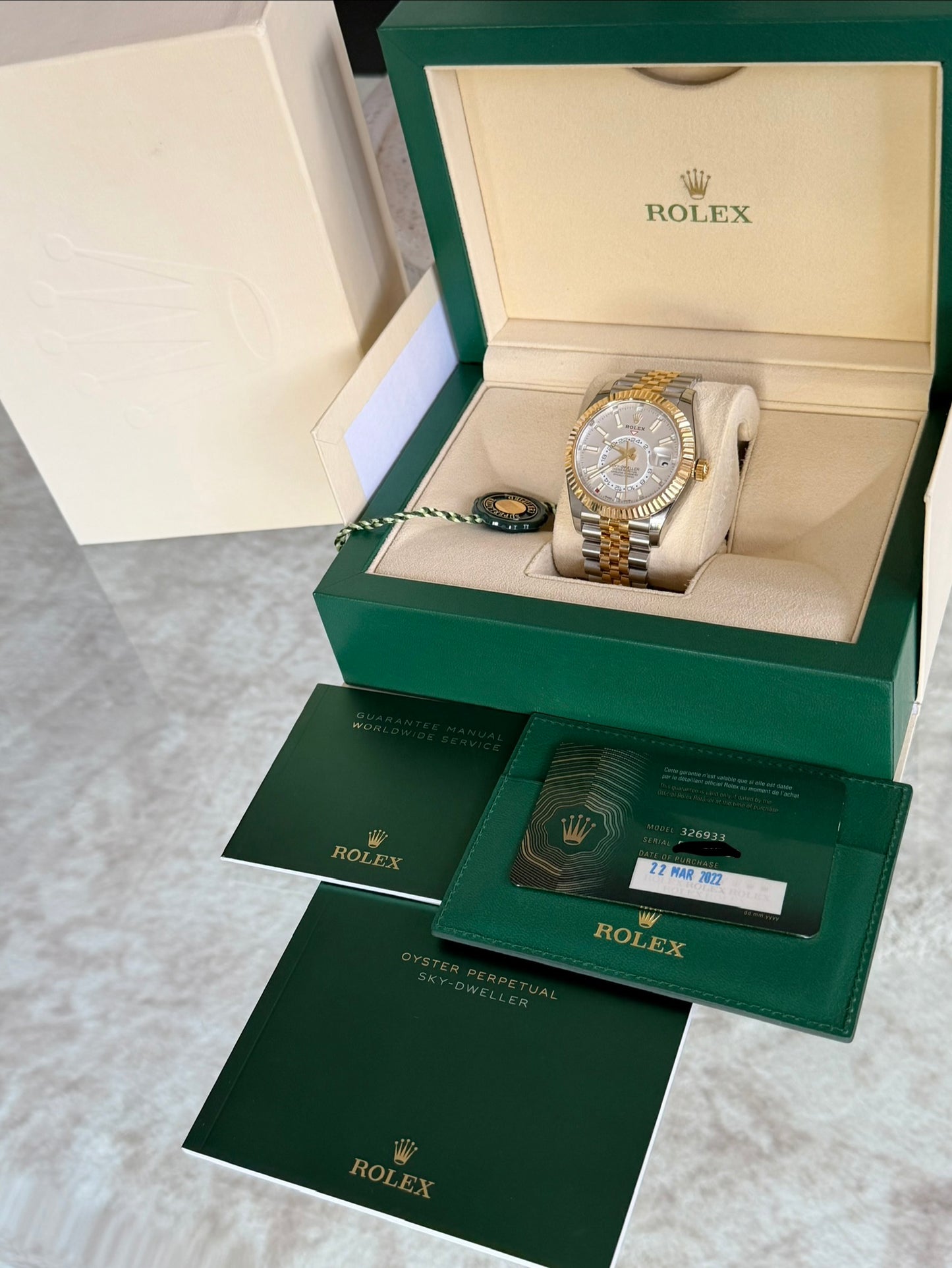 2022 Rolex Sky-Dweller | Two-Tone | White Dial | Jubilee | Full Set | Protective Stickers