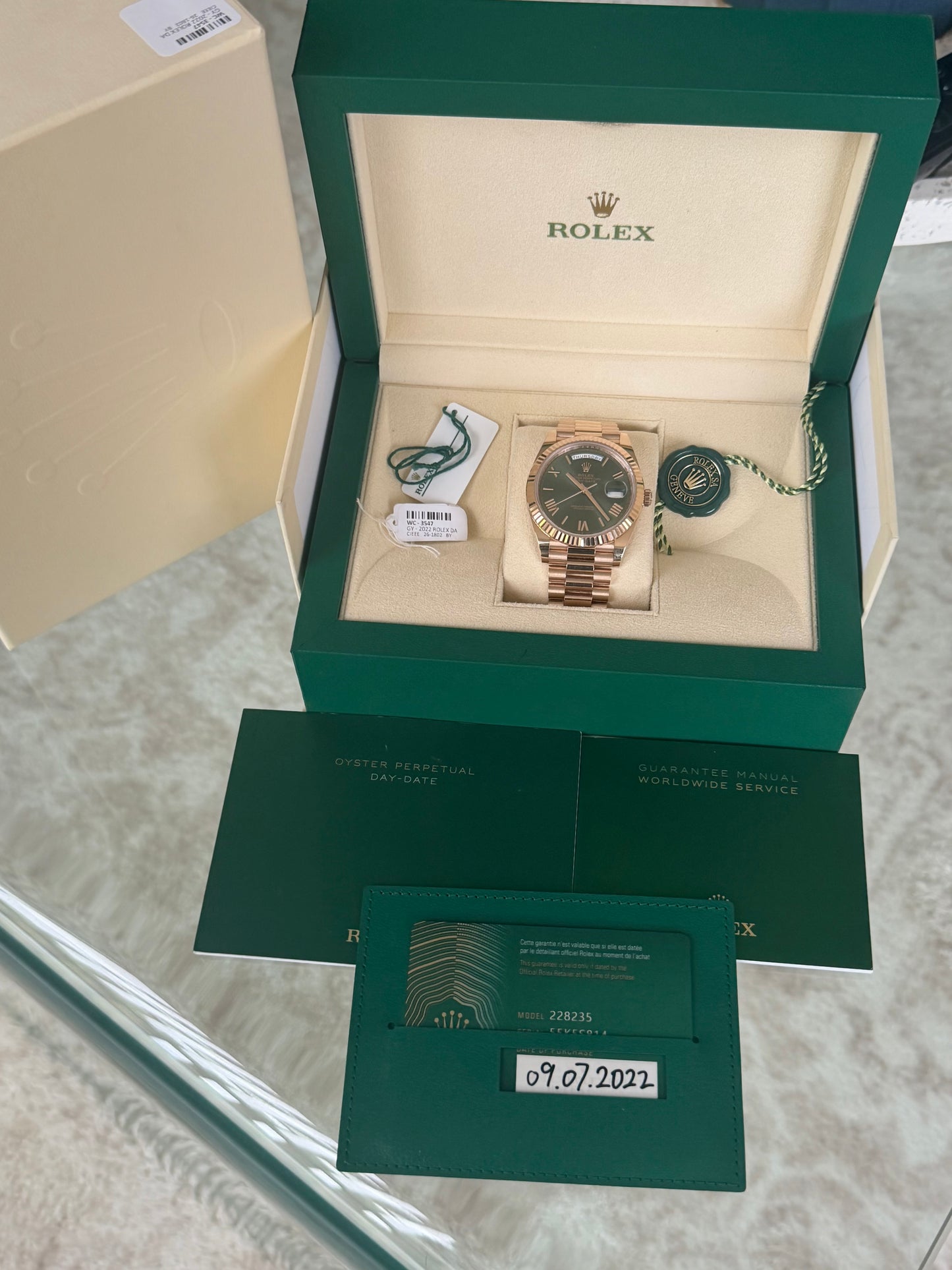 2022 Rolex Day-Date 40 | Olive Roman Dial | Everose Gold | Full Set | 228235