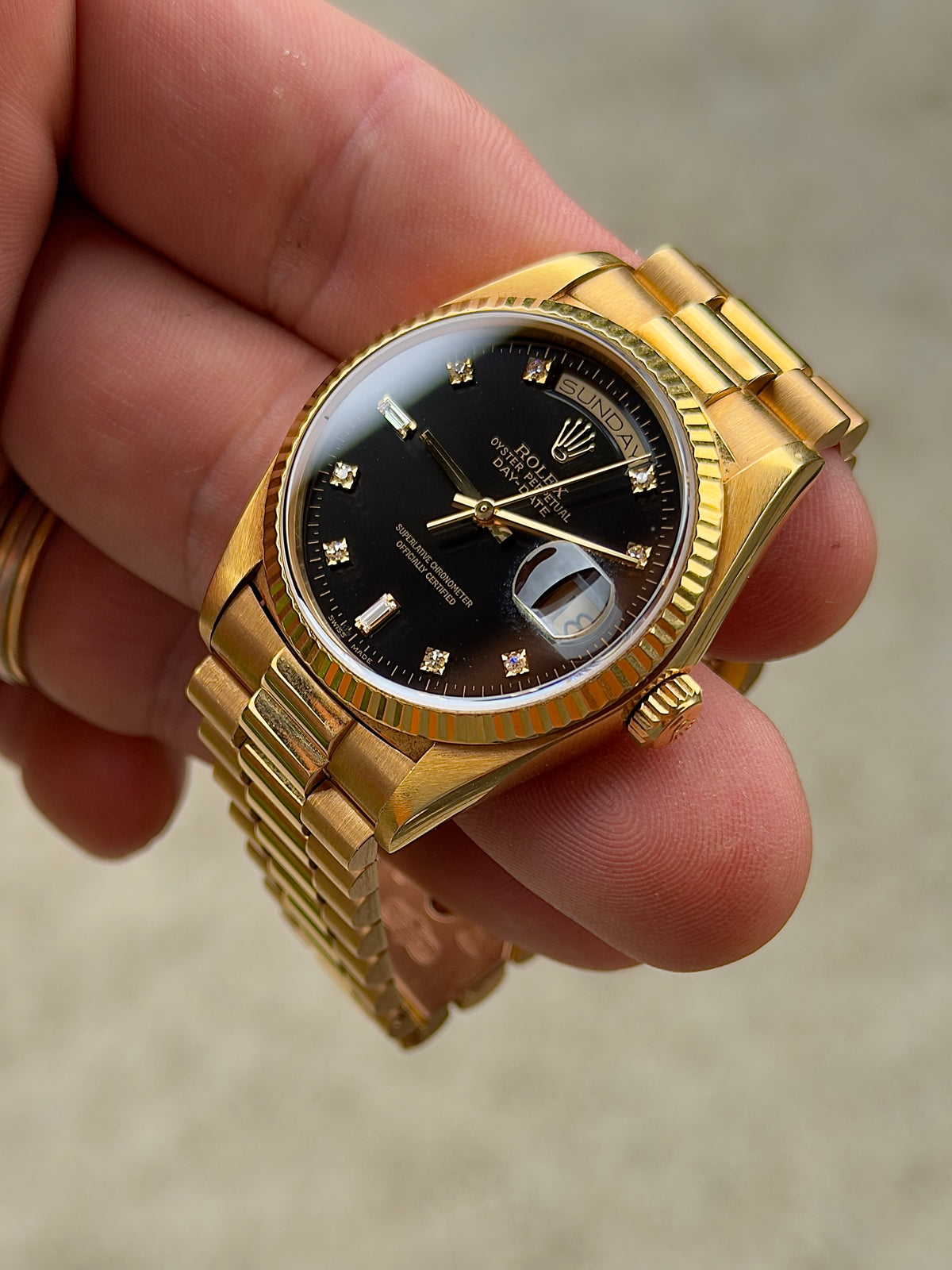 1986 Rolex Day-Date 36 | 18038 | Black Diamond Dial | 18K Yellow Gold | Full collectors Set