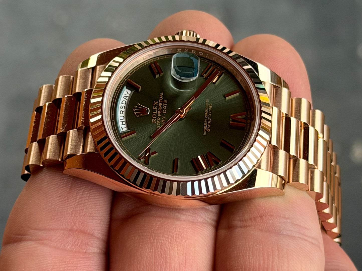 2022 Rolex Day-Date 40 | Olive Roman Dial | Everose Gold | Full Set | 228235