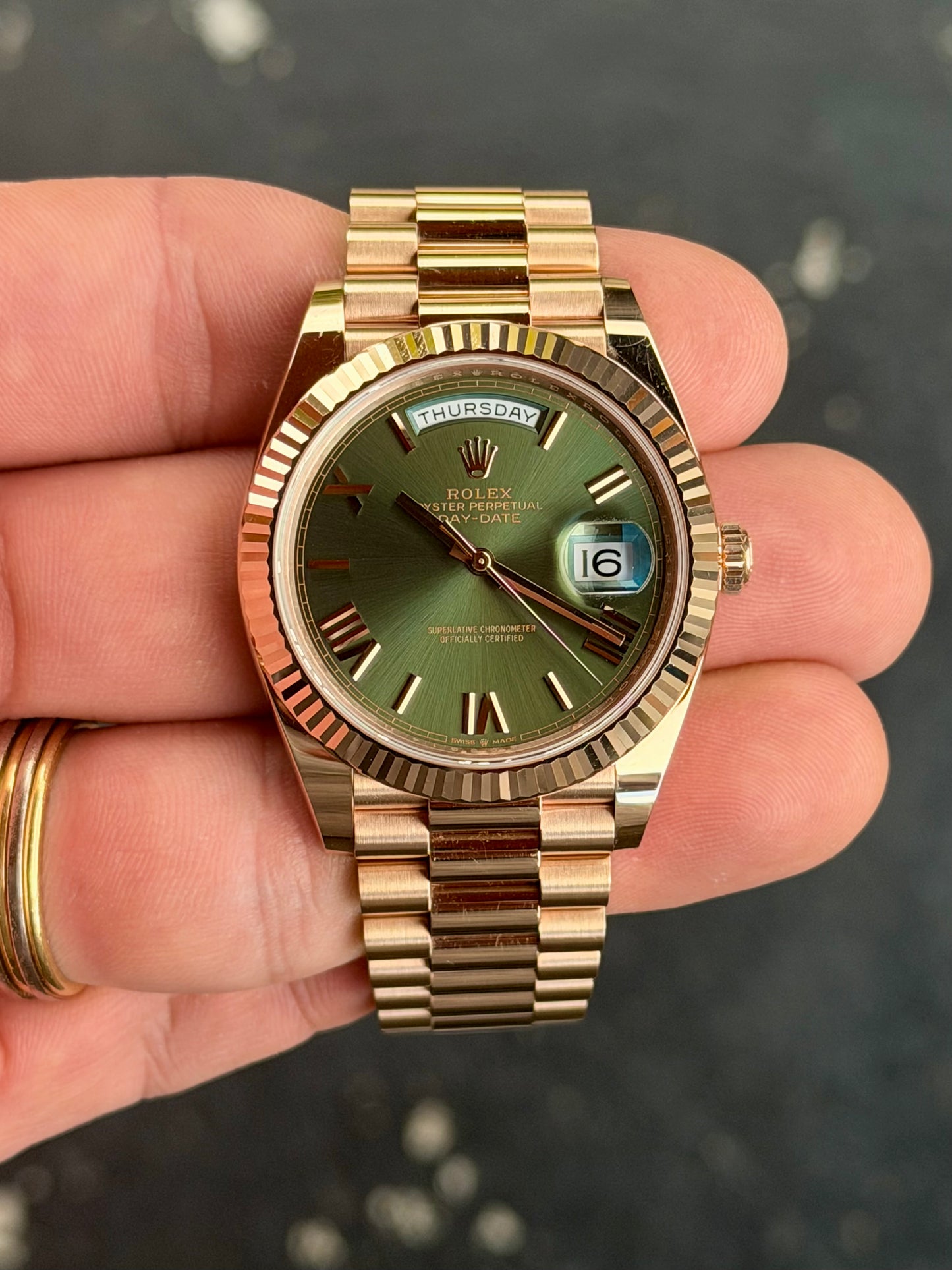 2022 Rolex Day-Date 40 | Olive Roman Dial | Everose Gold | Full Set | 228235