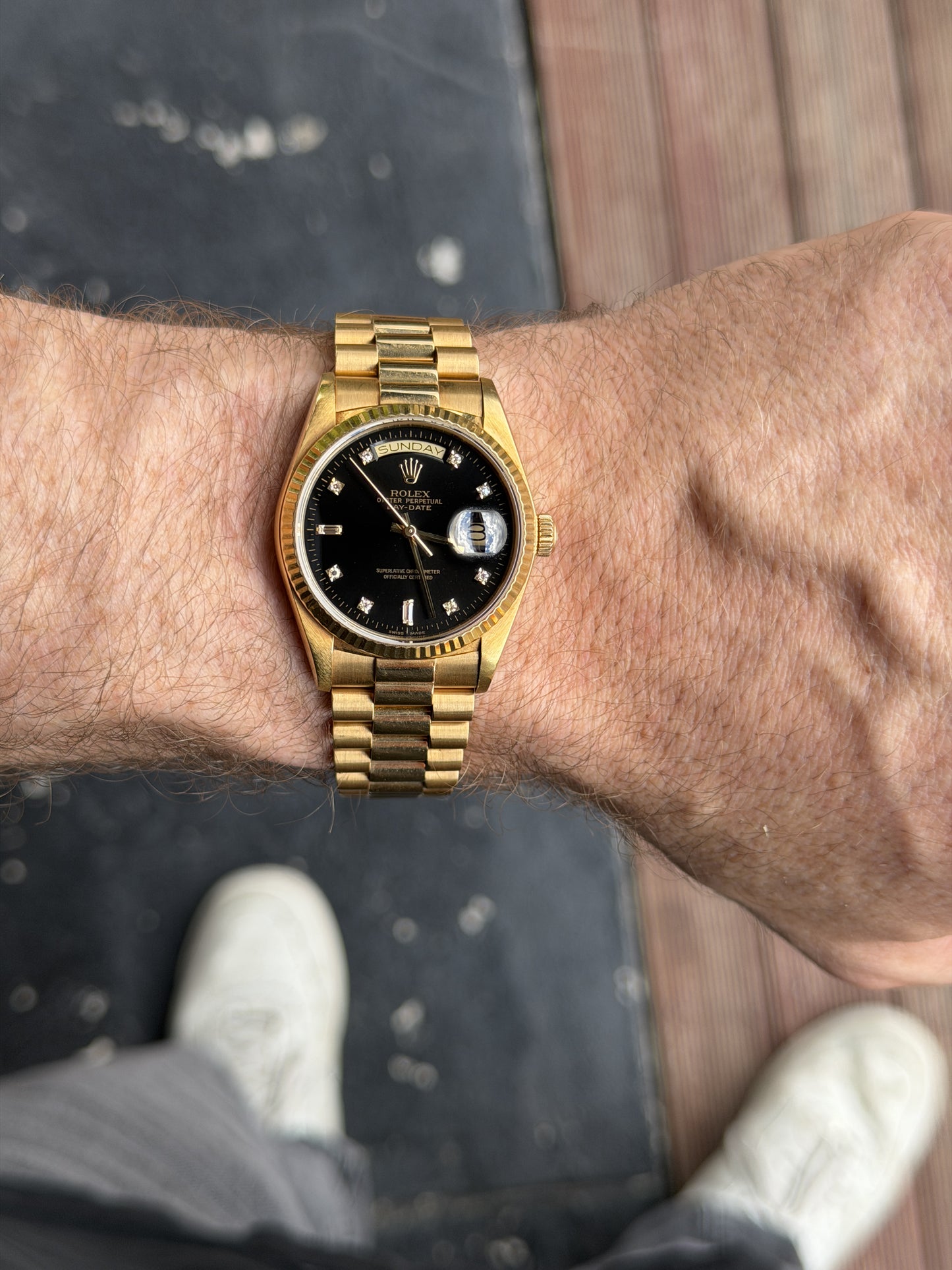 1986 Rolex Day-Date 36 | 18038 | Black Diamond Dial | 18K Yellow Gold | Full collectors Set