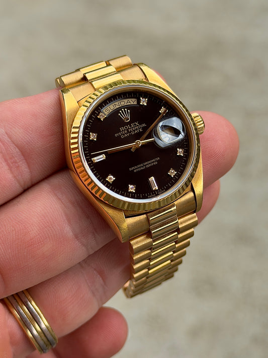 1986 Rolex Day-Date 36 | 18038 | Black Diamond Dial | 18K Yellow Gold | Full collectors Set