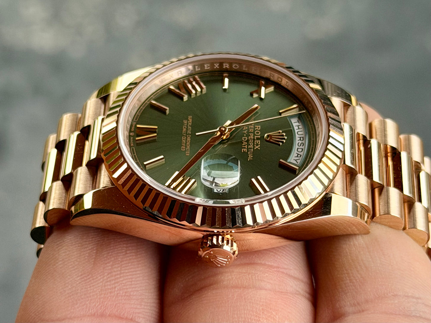 2022 Rolex Day-Date 40 | Olive Roman Dial | Everose Gold | Full Set | 228235